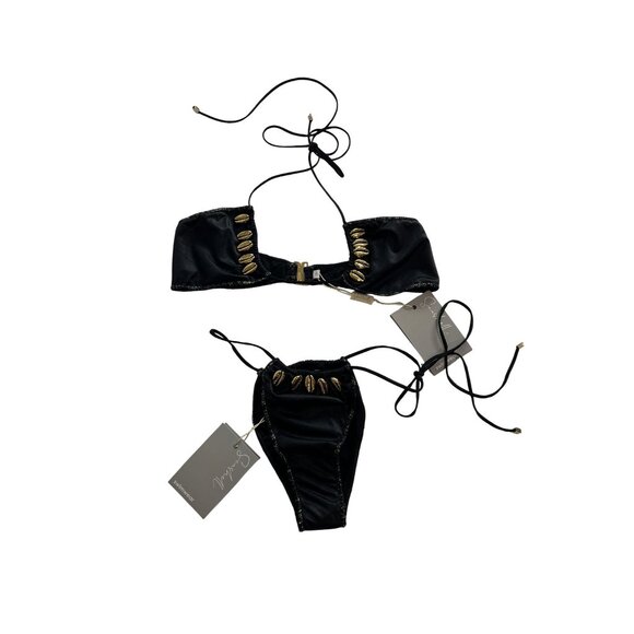 Seashell June Halter Pearl Tie Side Bikini in Black - Picture 1 of 5